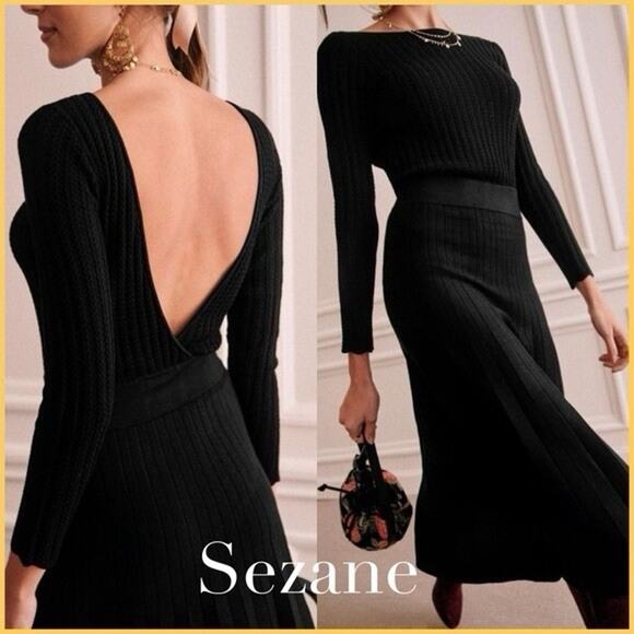 NWT Sézane Cléa Black Open-Back Ribbed Knit Midi Dress Small Viscose Blend - Picture 1 of 12